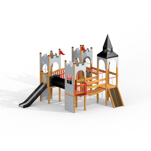 Parco giochi a tema castello con scivolo ed elementi di arrampicata di Camelot castle with slide.
