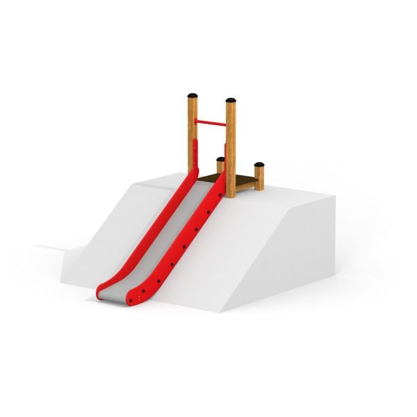 Scivolo da parco giochi all'aperto Hill Slide SL120 con lati rossi e supporto in legno su piattaforma bianca.