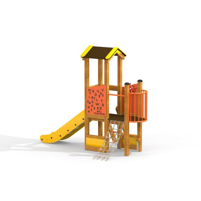 Struttura da gioco in legno Pixie playhouse with slide con rete da arrampicata e scivolo a spirale