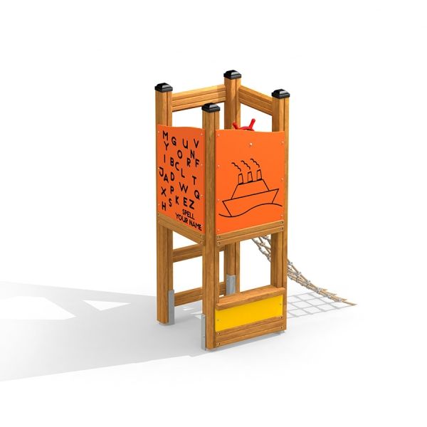 Torre gioco per bambini Nemo con rete da arrampicata e pannelli educativi.
