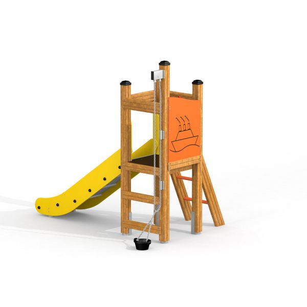 Struttura da arrampicata in legno con scivolo giallo e pannello arancione con disegno di una barca, Pi.