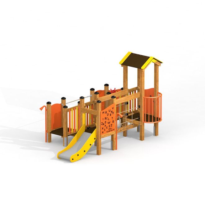 Struttura da gioco in legno Rubik playhouse with slide con elementi da arrampicata e scivolo giallo