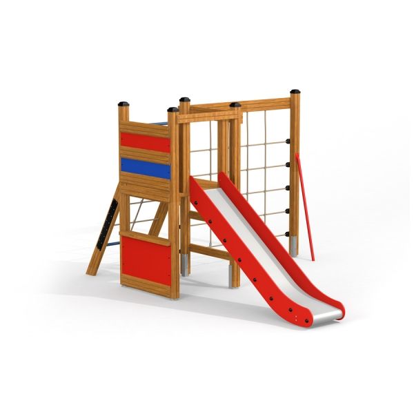 Struttura da parco giochi in legno con scivolo rosso, rete da arrampicata e dettaglio blu.