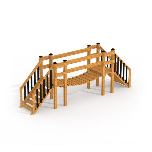 Attrezzatura da gioco in legno Bridge con ringhiere nere.