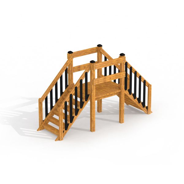 Struttura da parco giochi in legno Trap rock con scale e ringhiere.