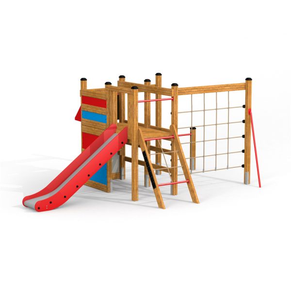 Parco giochi in legno Kiosk con scivolo e rete da arrampicata.