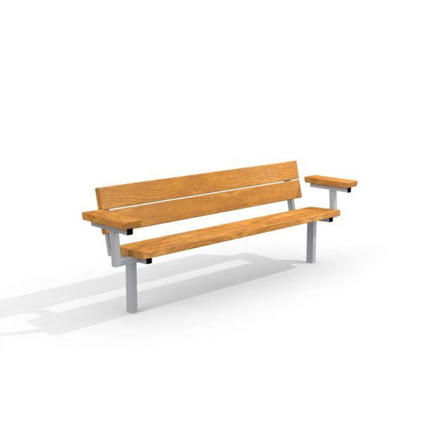 Bench, Steel Construction con seduta e schienale in legno su sfondo bianco.