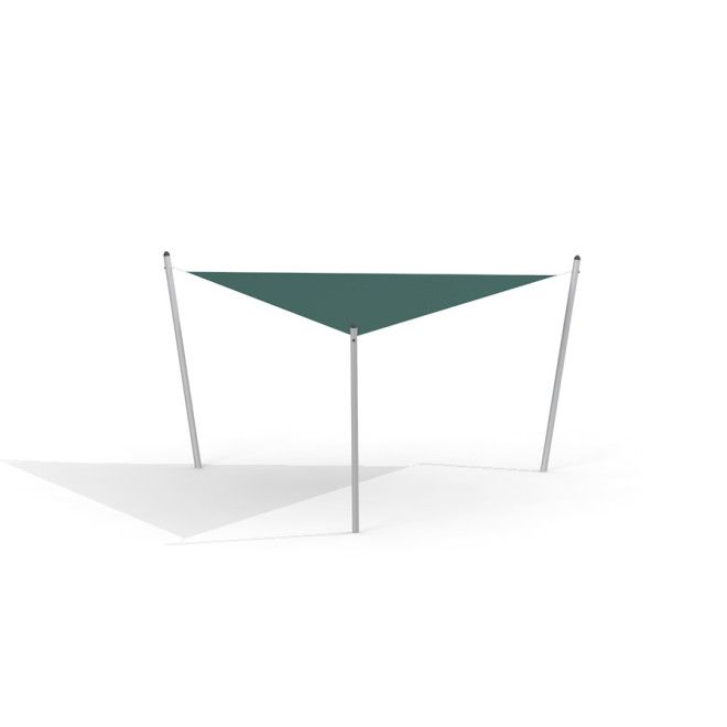 Sun Shade Triangle 5x5x5 Atlantis (Metal) con telo verde e tre pali metallici che forniscono ombra all