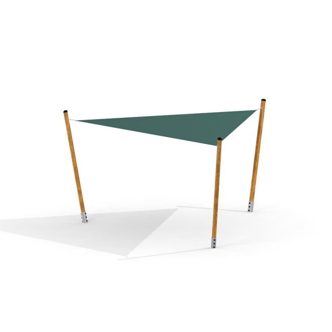 Sun Shade Triangle 5x5x5 Pioneer con pali di legno e vela ombreggiante in tessuto verde