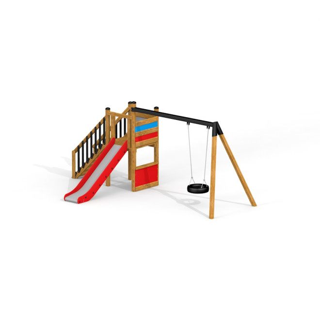 Single Swing with Tower single slide attrezzatura da gioco con struttura in legno, scivolo rosso e altalena a pneumatico