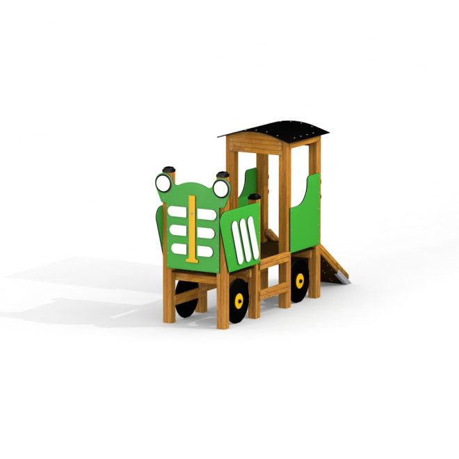 Parco giochi in legno per bambini Tractor con pannelli verdi e scivolo.