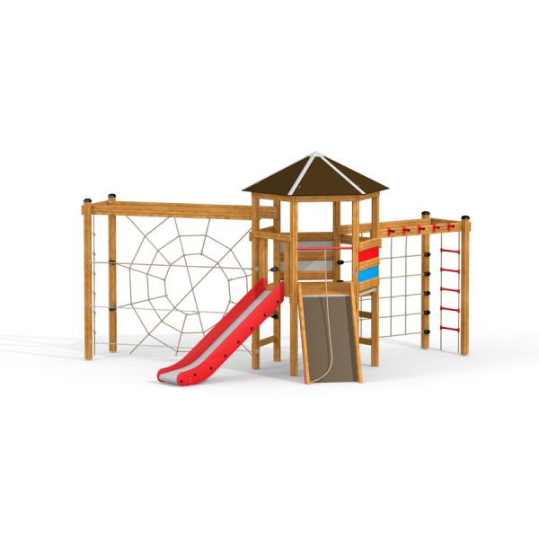 Struttura da arrampicata per parco giochi Six angle single slide con scivolo rosso e rete di corde.