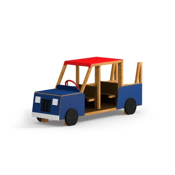 Gioco in legno Truck con esterno blu e tetto rosso.