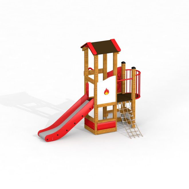 Attrezzatura da parco giochi Fire-station playhouse with slide e rete da arrampicata