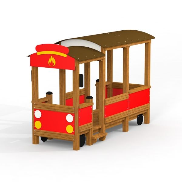 Struttura da parco giochi a forma di auto dei vigili del fuoco in legno con pannelli rossi e simbolo del fuoco.