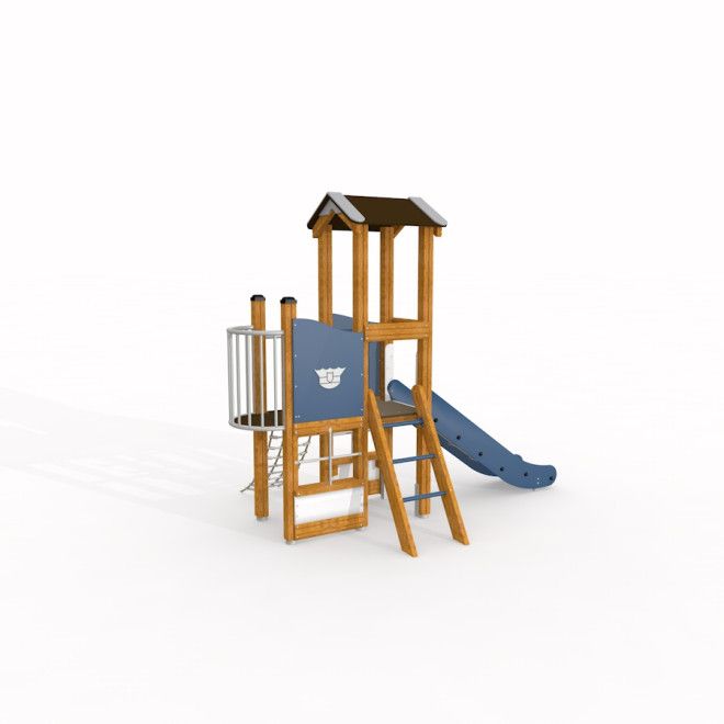 Attrezzatura da parco giochi in legno Police station playhouse with slide per bambini.