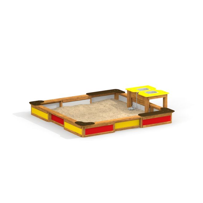 All accessible sandbox con pannelli colorati rossi e gialli