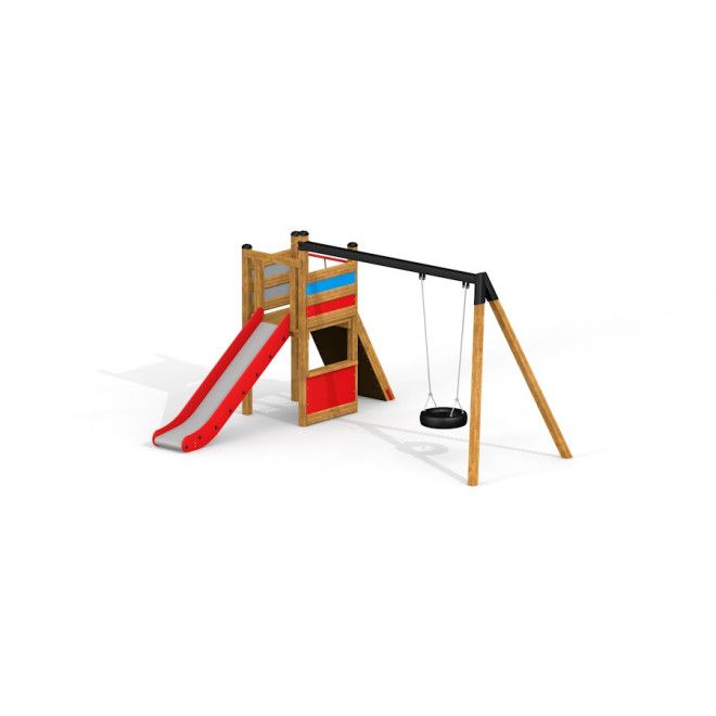 Single Swing with Tower single slide attrezzatura da gioco con struttura in legno, scivolo rosso e nero