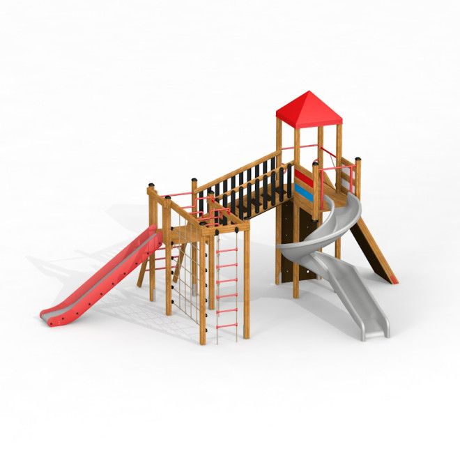 Attrezzatura da parco giochi Twister castle with slide con elementi di arrampicata e tetto rosso