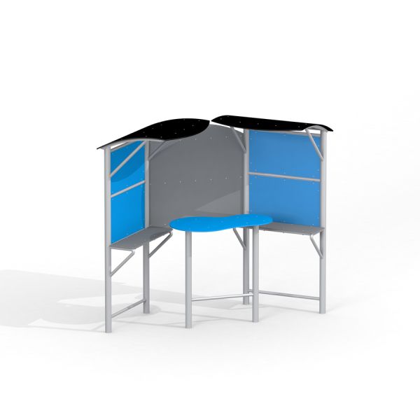 Shelter with table, attrezzatura da gioco con elementi blu e neri.
