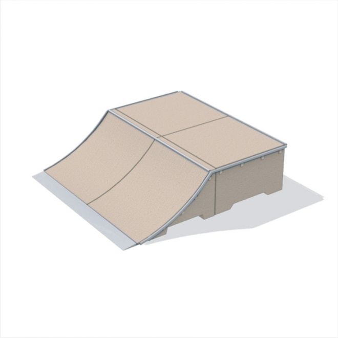 Double Quarter-Pipe rampa da skate con superficie liscia in legno.