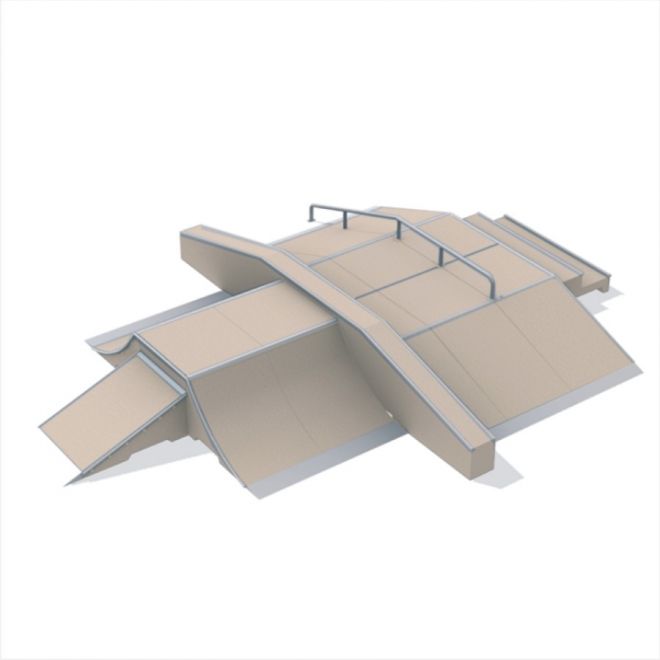 Attrezzatura per skate park Fun Box 6 con rampe e ringhiere.