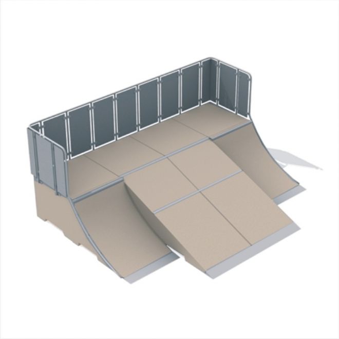 Modulo rampa da skateboard Quarter 3 con ringhiere di sicurezza per skate park.