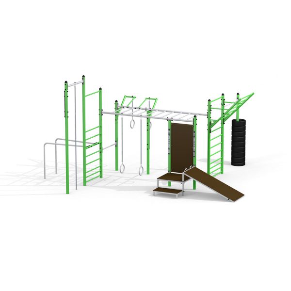 Attrezzatura fitness all'aperto New Age Fit con sbarre per scimmie, anelli da ginnastica e strutture da arrampicata.
