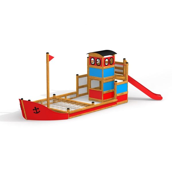 Attrezzature da parco giochi Fisher Boat Ship Sandbox con scivolo e struttura da arrampicata.