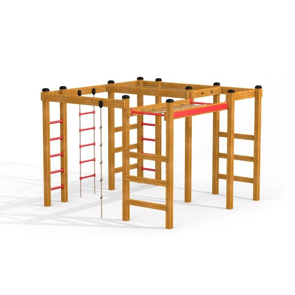 Chimpanzee wooden playhouse con corde e scale da arrampicata.