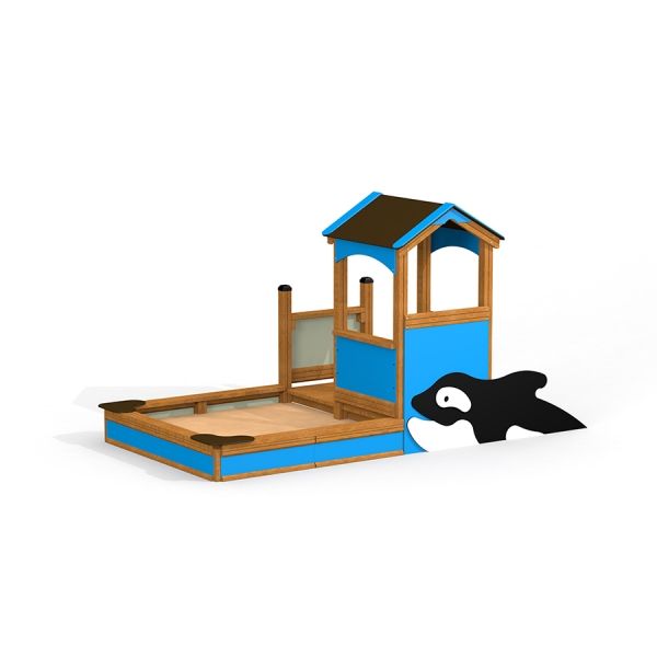 Casetta singola con design orca per bambini in colori blu e legno.