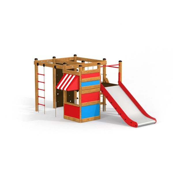 Struttura da arrampicata per parco giochi con scivolo largo, Climbing Kiosk di Lars Laj.