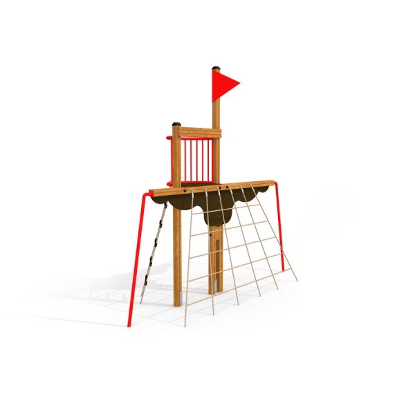 Mast climbing net per parco giochi con struttura in legno e bandiera rossa.