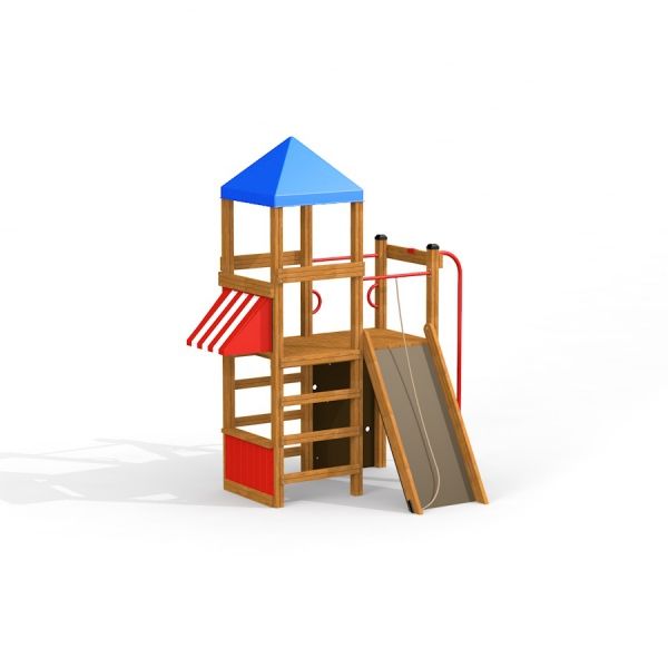 Casetta gioco per bambini con torre, palo dei pompieri e scivolo.