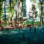 Struttura da gioco in legno 'Course' in un'area boschiva con pavimentazione verde.
