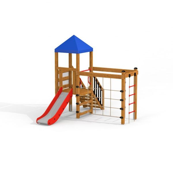 Logo Tower with Climbing Net playhouse with slide, struttura in legno, tetto blu e scivolo rosso.
