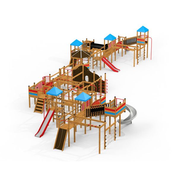Gigantic castle with slide, struttura in legno per parco giochi con più scivoli e strutture per arrampicarsi.
