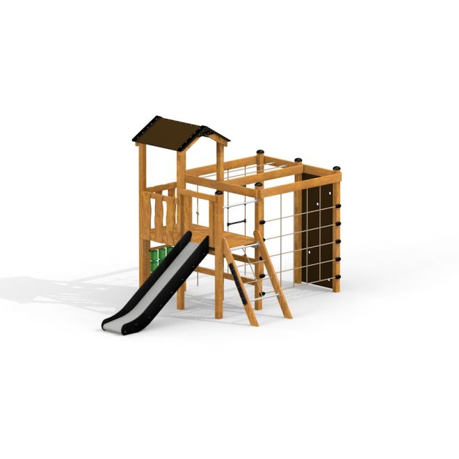 Climbing Kiosk Modern Nature wooden playhouse with slide e rete da arrampicata