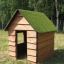 Nature Playhouse Grass Roof wooden house in un cortile erboso con alberi sullo sfondo.