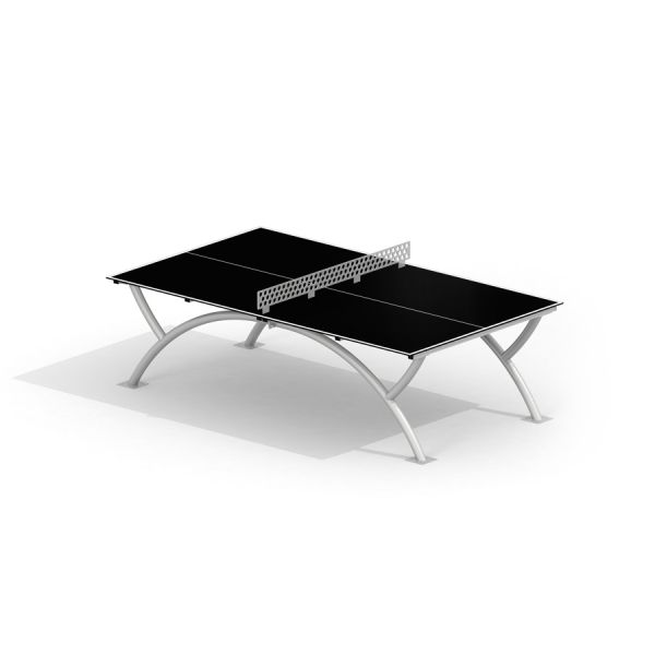 Outdoor Table Tennis con superficie nera elegante e gambe metalliche curve.