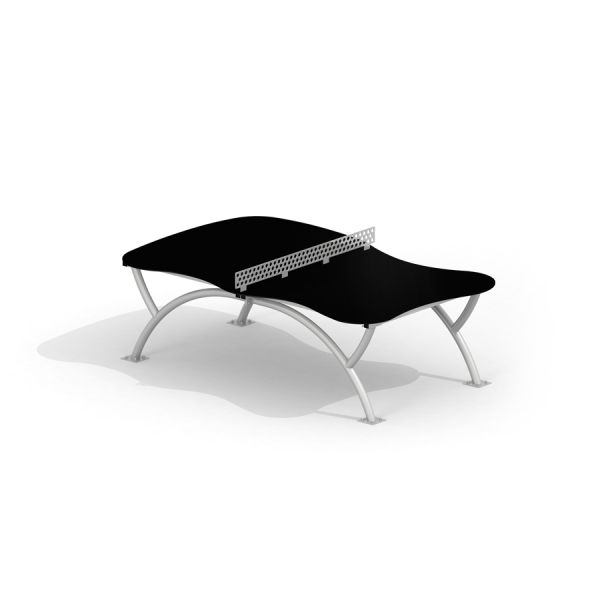 Outdoor Table Tennis Organic con superficie di gioco nera curva e gambe argentate.