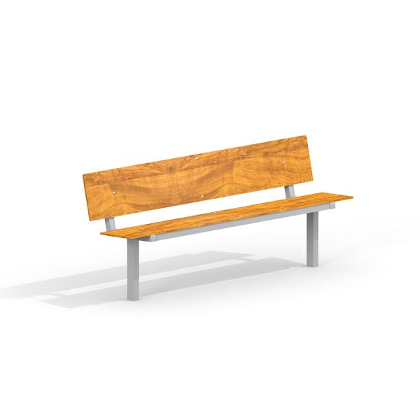 HPL Bench con seduta e schienale in legno su gambe in metallo.
