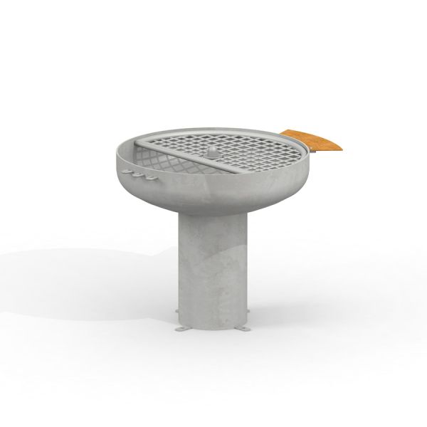 Grill in cemento da esterno con superficie di cottura rotonda.