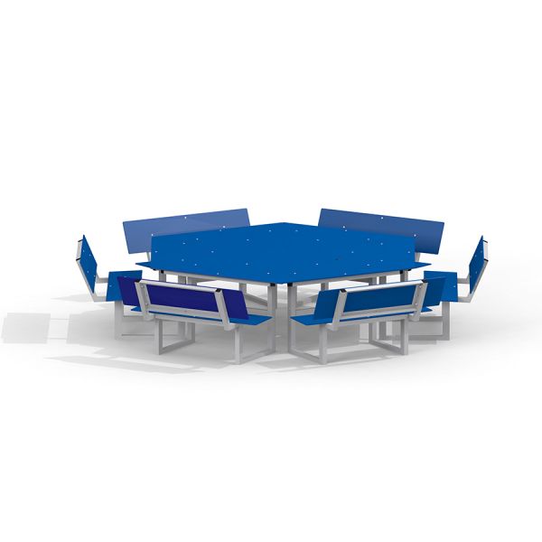 Tavolo da picnic esagonale blu con sei panche collegate, Table & Bench 6 Seats HPL.