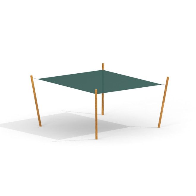 Sun Shade Square Nature (Robinia) con tessuto verde e pali in legno per l'ombreggiatura dell'area giochi