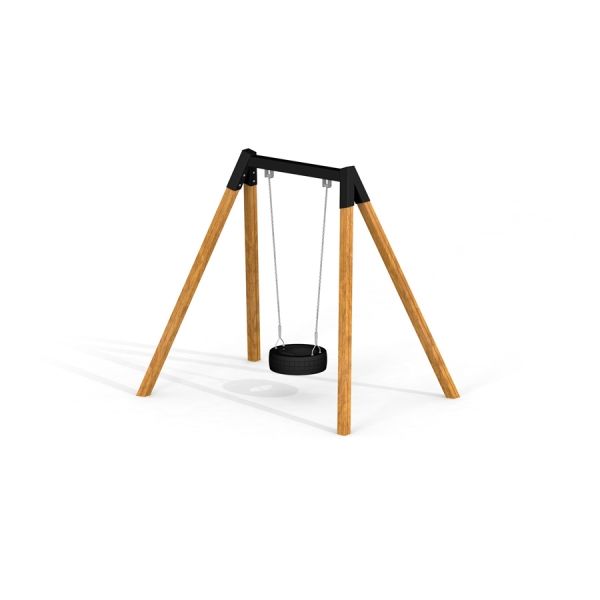 Single swing con sedile a pneumatico e struttura in legno.