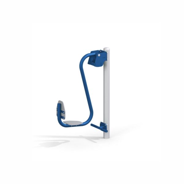 Macchina per esercizi leg press all'aperto con struttura blu e bianca.