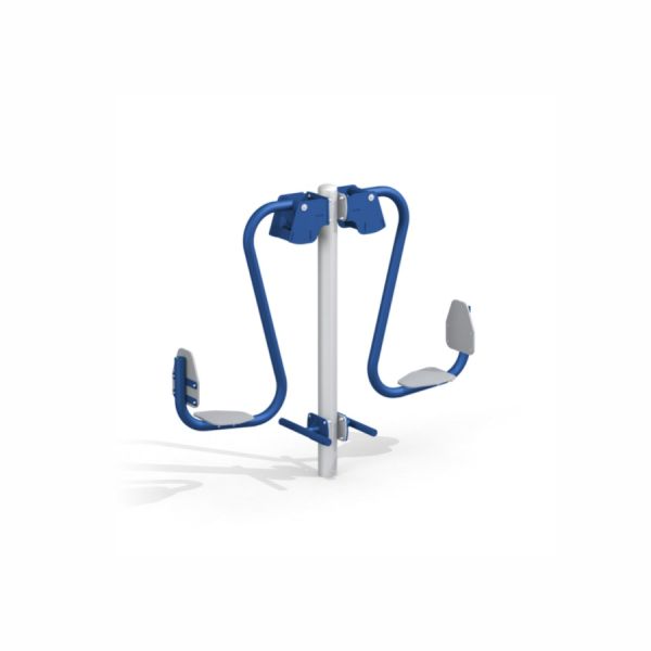 Attrezzatura per fitness all'aperto Double Leg Press con struttura metallica blu e grigia.