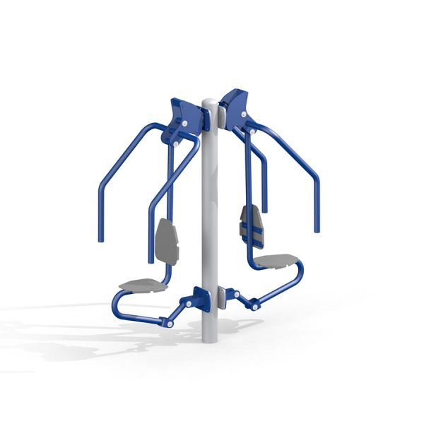 Attrezzatura per esercizi all'aperto Double Chest Press con due sedili e maniglie blu.